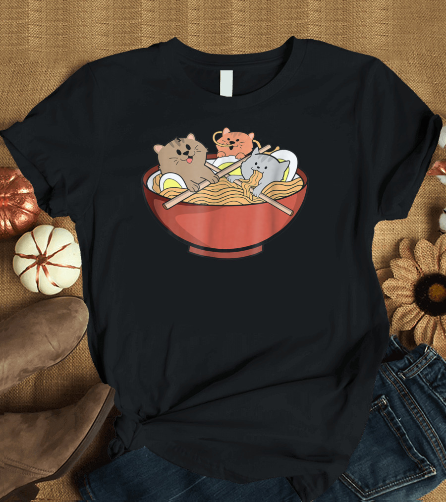 Kawaii Cats Eating Noodles Ramen Anime Bowl T-Shirt