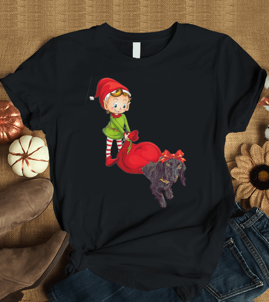 Kids Elf with Red Gift Sack and Black Dog in Santa Hat T-Shirt