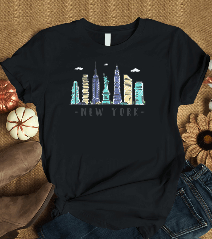 New York Skyline NYC Watercolor Landmarks Statue of Liberty T-Shirt