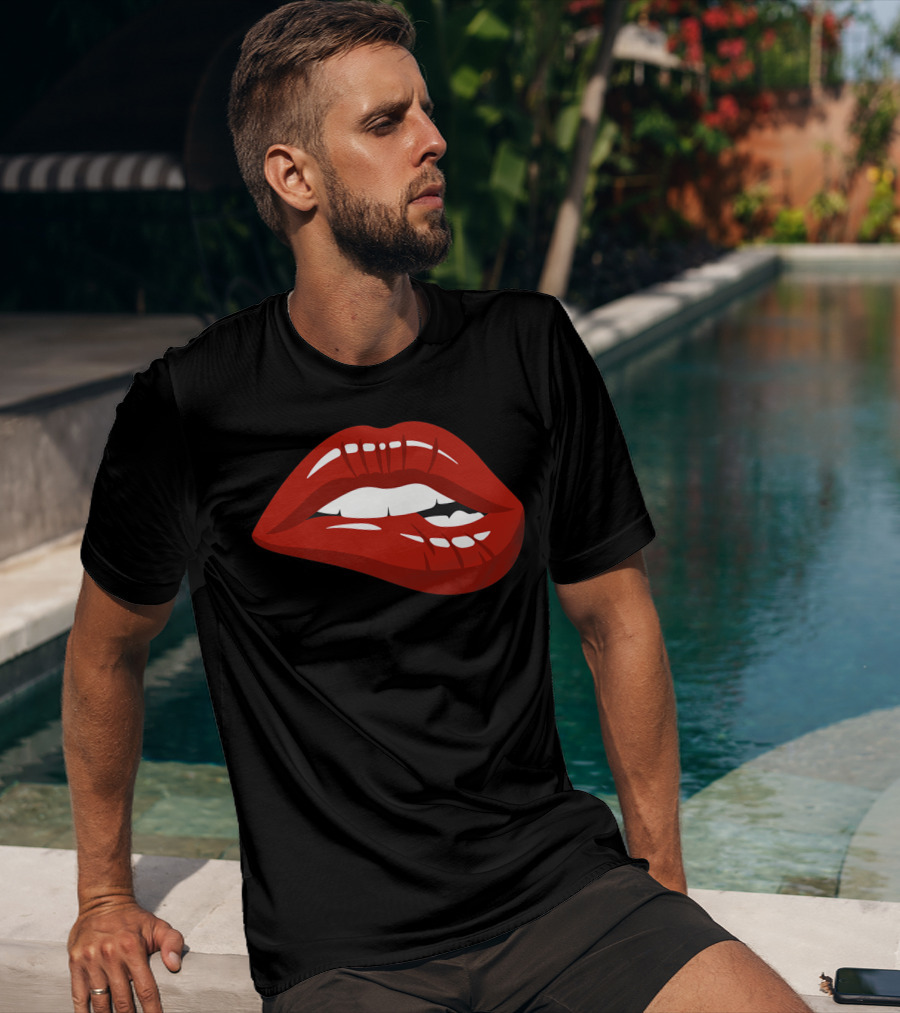 Red Lips Biting Lipstick Makeup Iconic Red Pout T-Shirt