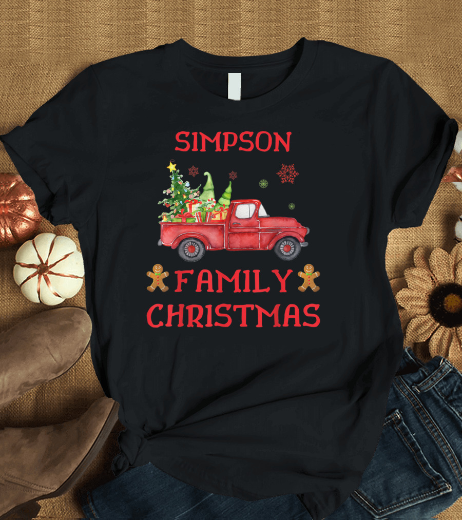 Simpson Family Christmas Old Red Truck with Tree and Gingerbread Men T-Shirt