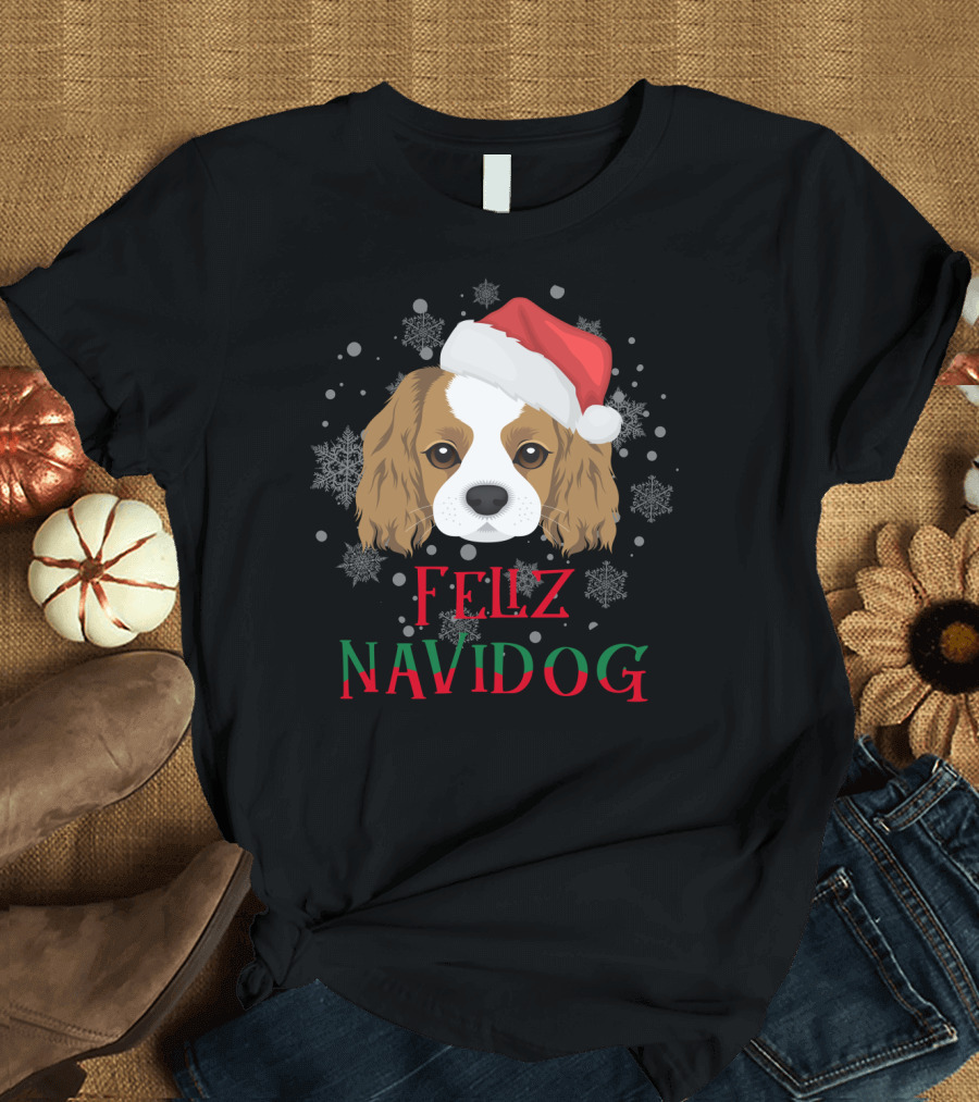 Feliz Navidog Charles Spaniel Santa Hat Snowflakes T-Shirt