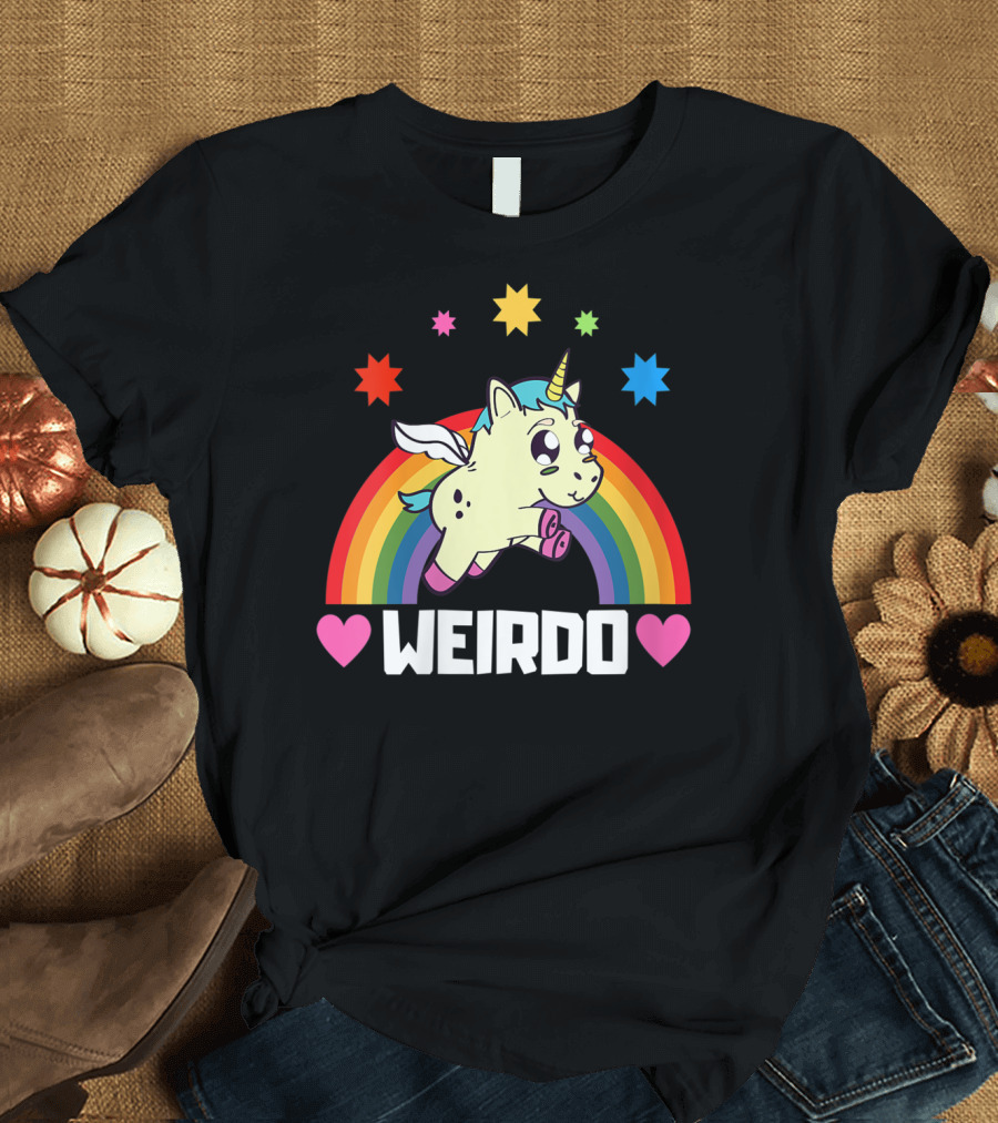 Weird Funny Weirdo Outcast Unicorn Rainbow Hearts Stars T-Shirt