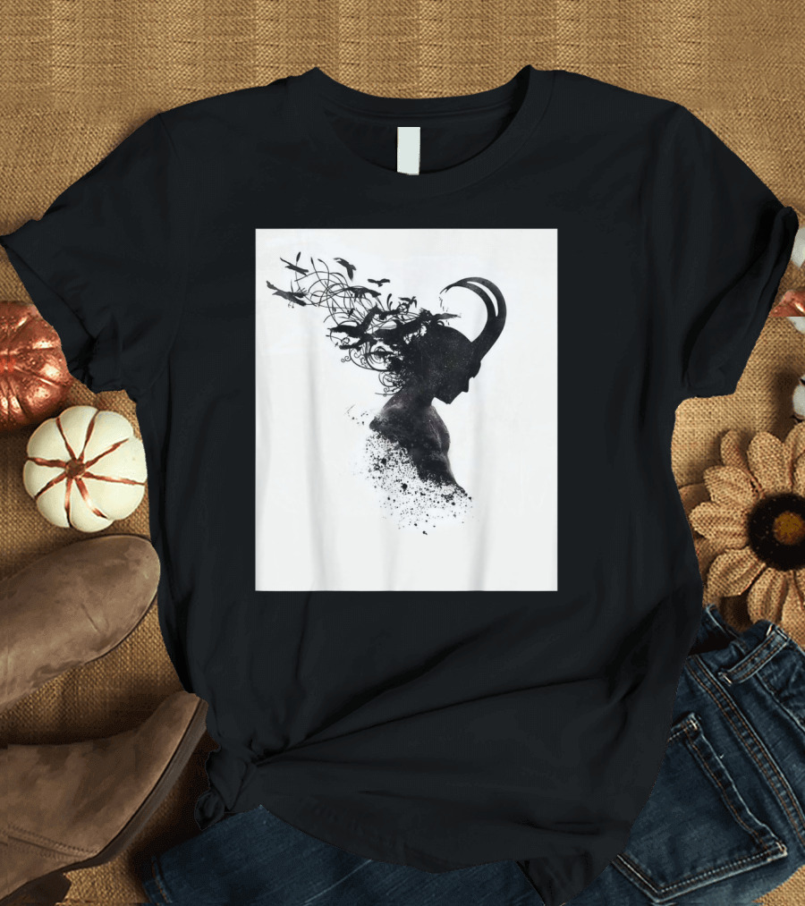 Loki Norse God of Mischief Silhouette with Birds and Horns T-Shirt
