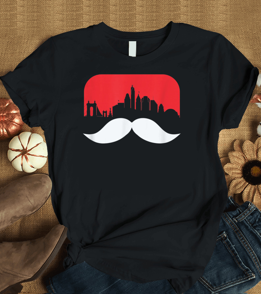 Cincinnati Moustache Red Skyline Visage T-Shirt