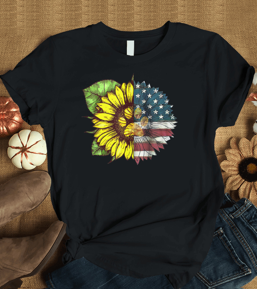 Dog Sunflower American Flag Paw Patriotic July 4th T-Shirt