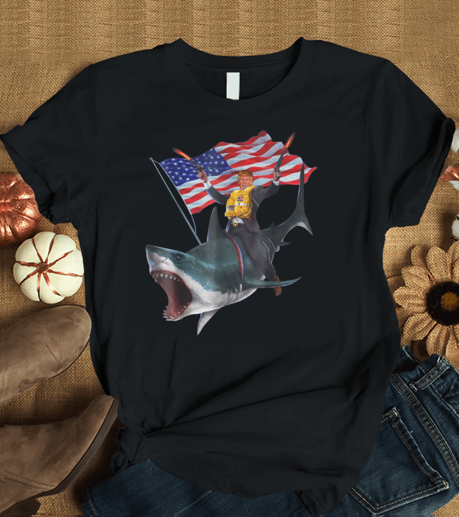 Donald Trump Riding Shark with American Flag on 4th of July T-Shirt