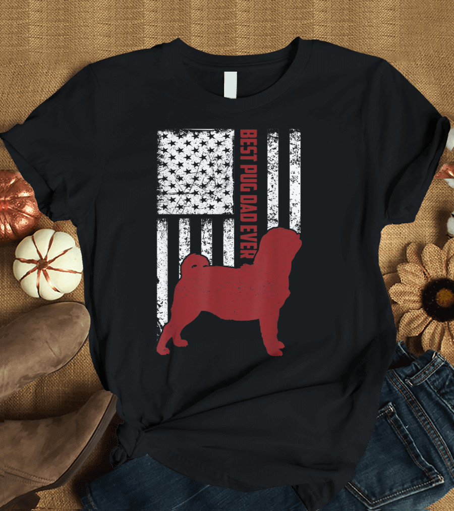 Best Pug Dad Ever Vintage USA Flag American T-Shirt