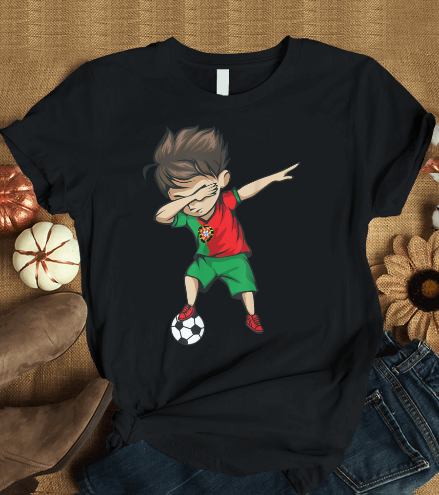 Dabbing Soccer Boy Portugal Jersey Portuguese Flag Soccer Ball T-Shirt