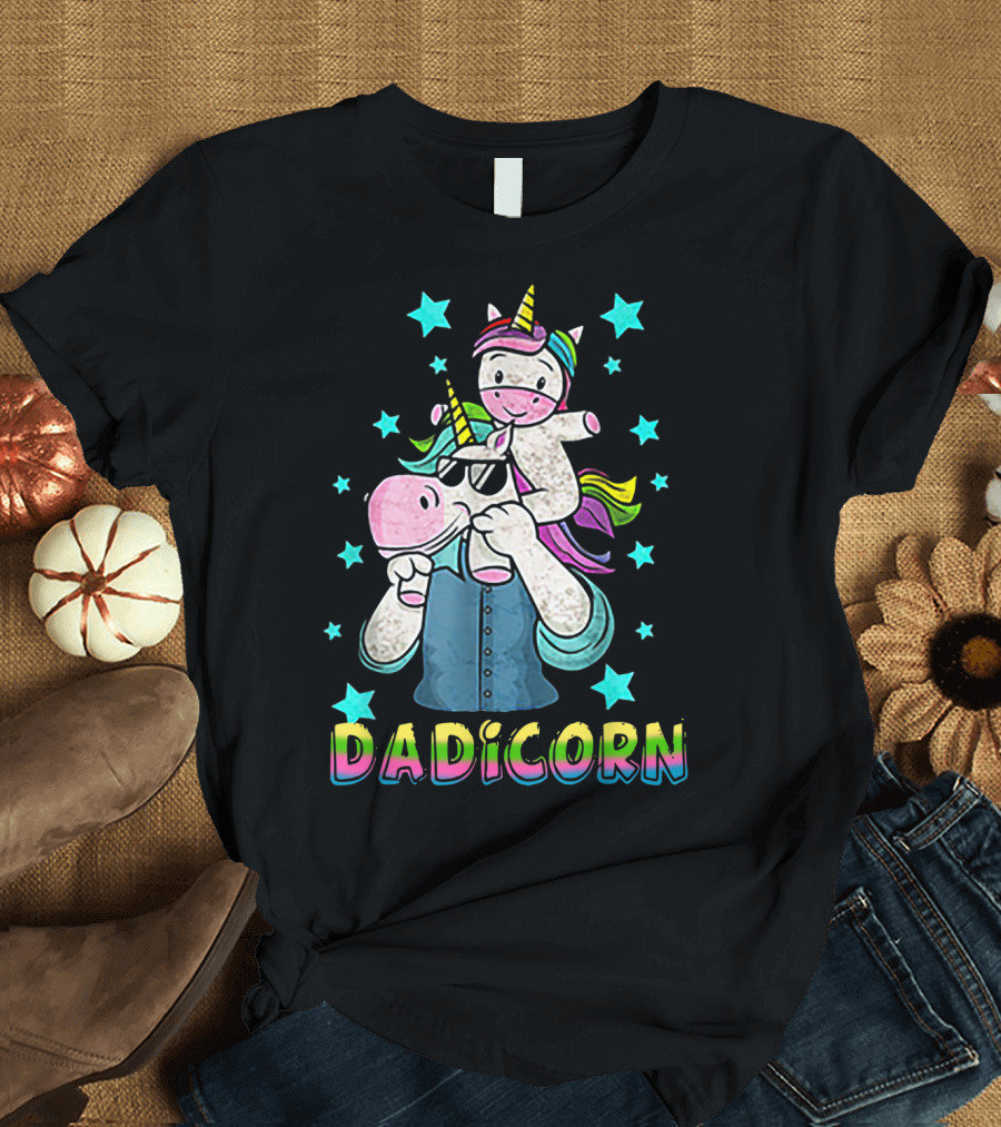 Dadicorn Funny Dad Unicorn with Sunglasses and Baby Unicorn with Stars T-Shirt