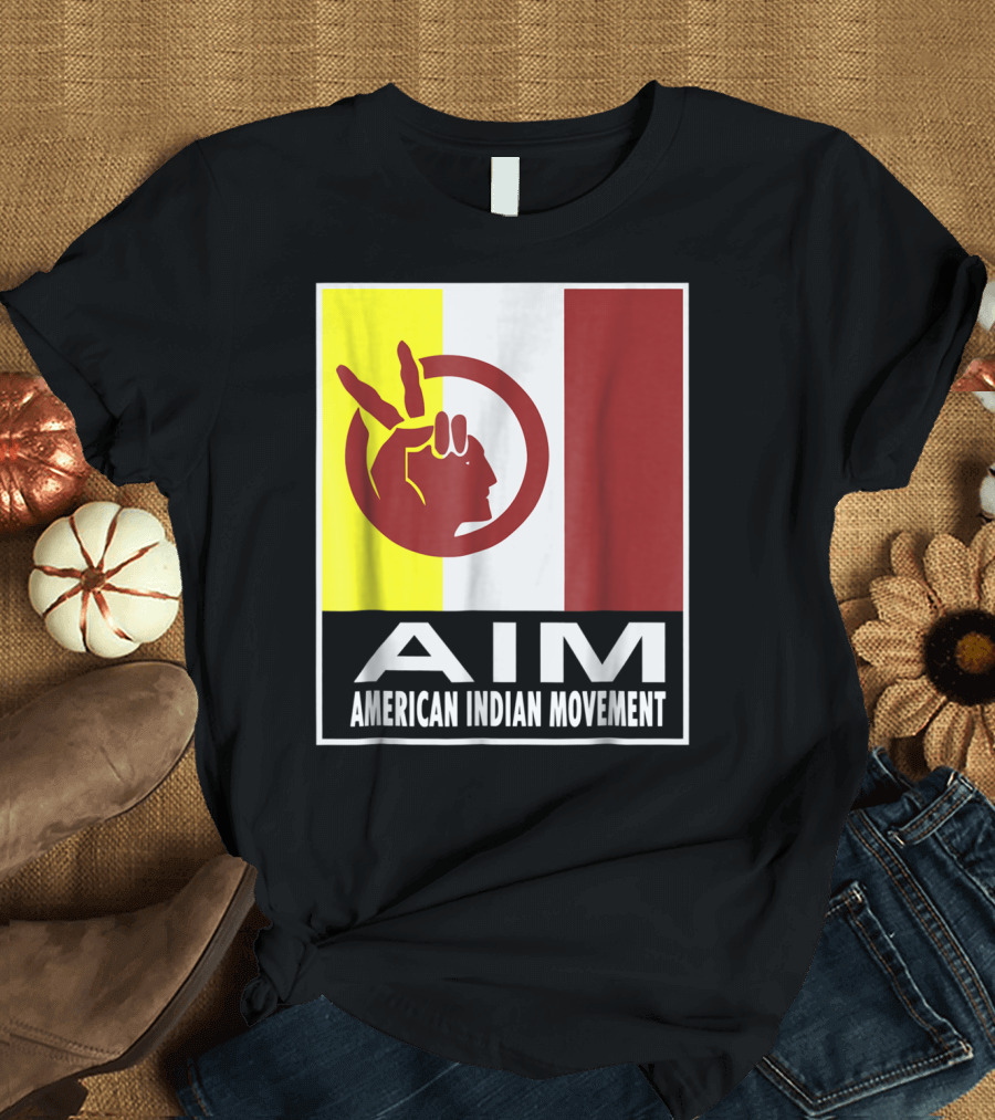 AIM American Indian Movement Flag with Red Peace Hand Symbol T-Shirt