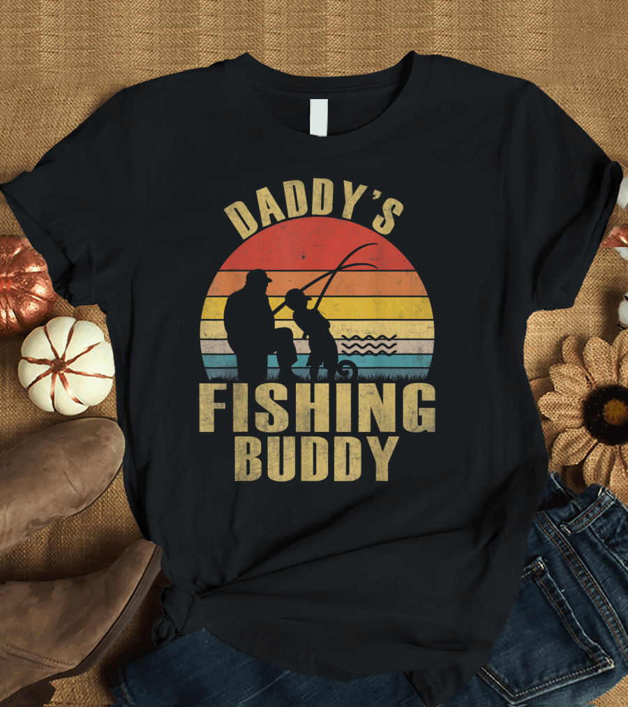 Daddy's Fishing Buddy Retro Silhouette with Sunset Stripes T-Shirt