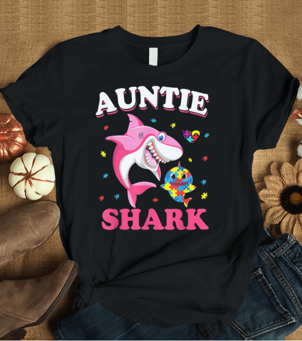 T-Shirt: Auntie Shark Puzzle Heart Autism Awareness T-Shirt Auntie Shark Puzzle Heart Autism Awareness T-Shirt