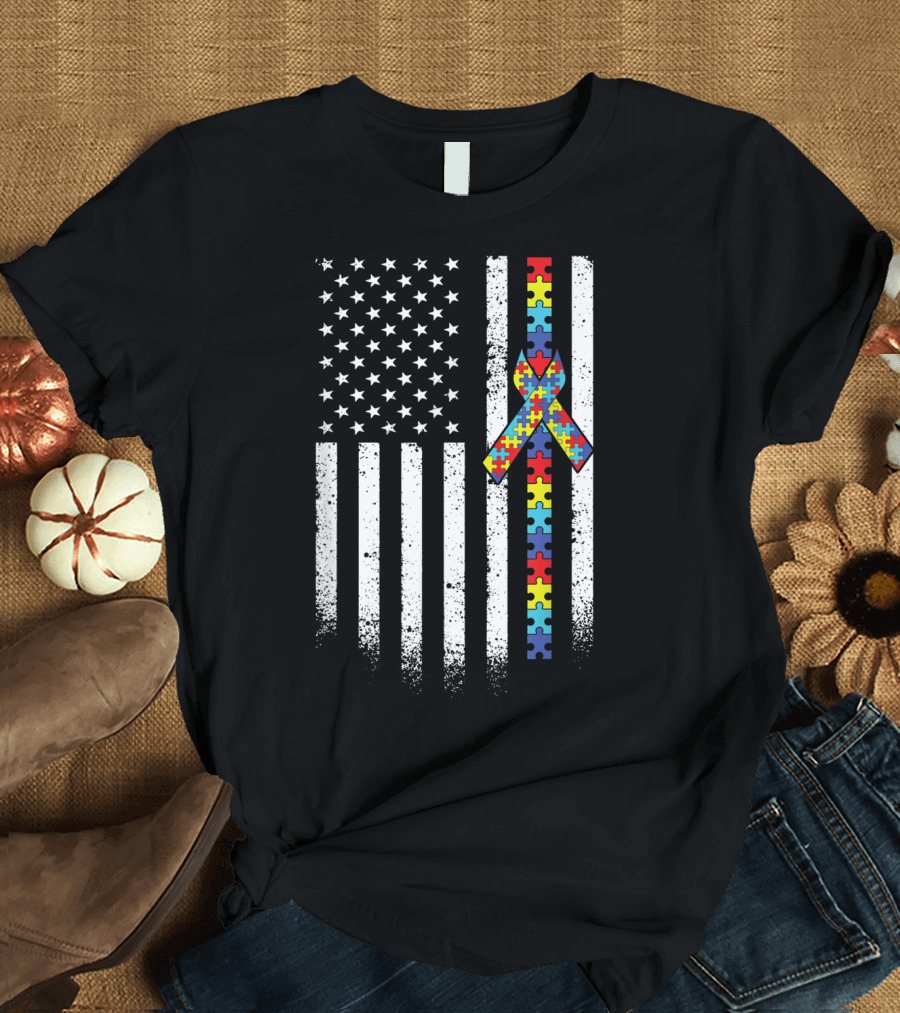 American Flag Autism Puzzle Ribbon Awareness T-Shirt