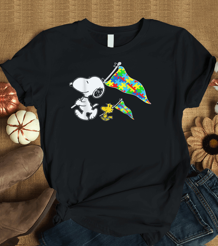 Snoopy and Woodstock Autism Awareness Puzzle Flags T-Shirt
