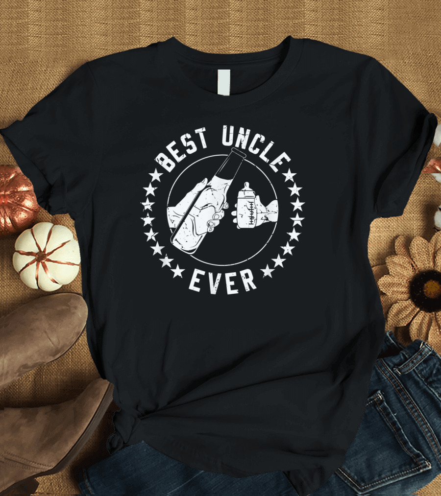 Best Uncle Ever New Born Baby Druncle Beer Bottle and Baby Bottle Stars T-Shirt