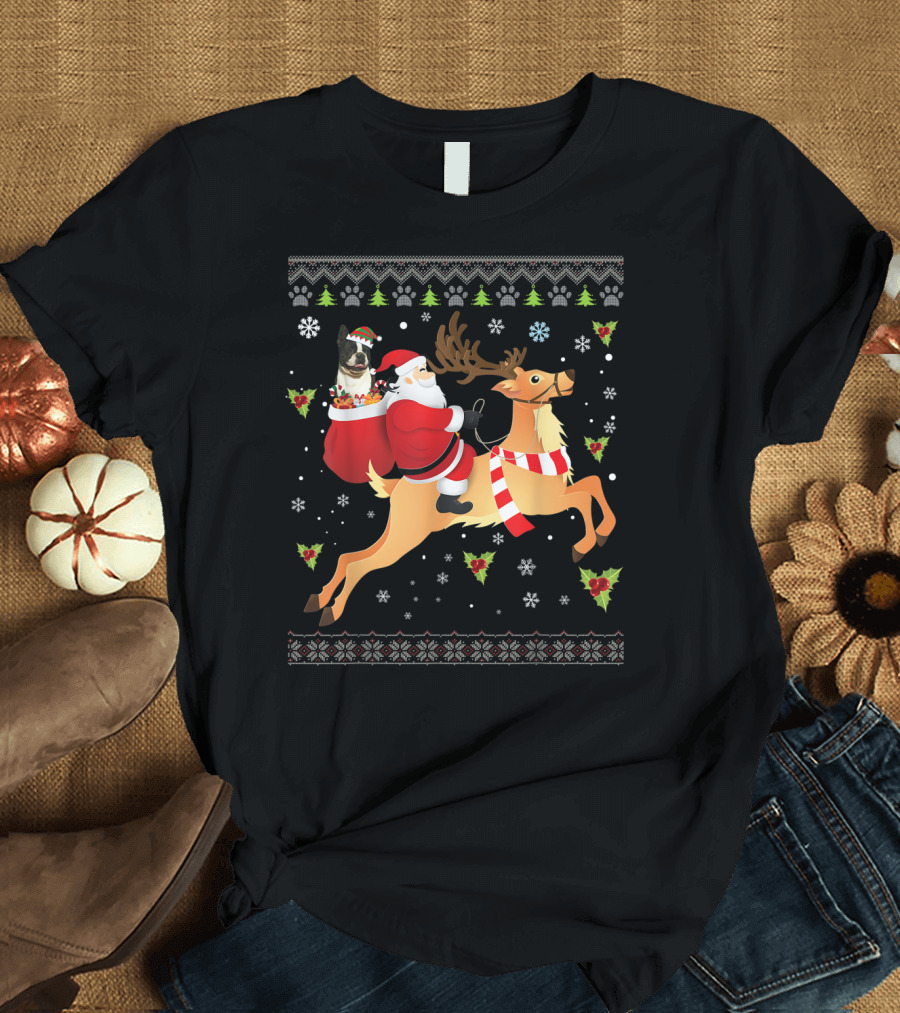 Santa Reindeer Boston Terrier Dog in Christmas Sweater with Gifts T-Shirt