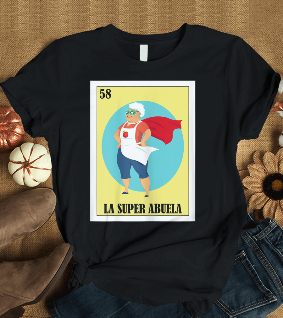Loteria Card 58 La Super Abuela with Red Cape and Apron T-Shirt