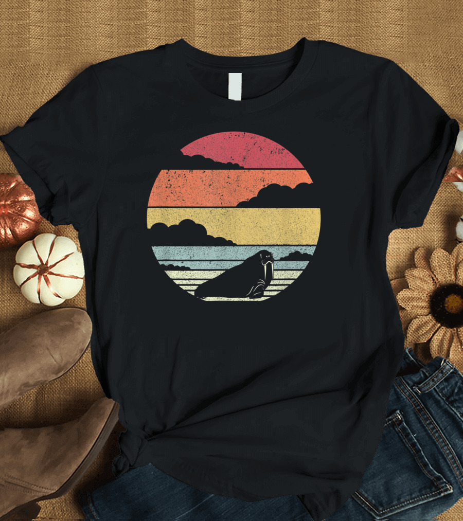 Retro Sunset Walrus Vintage Stripes T-Shirt