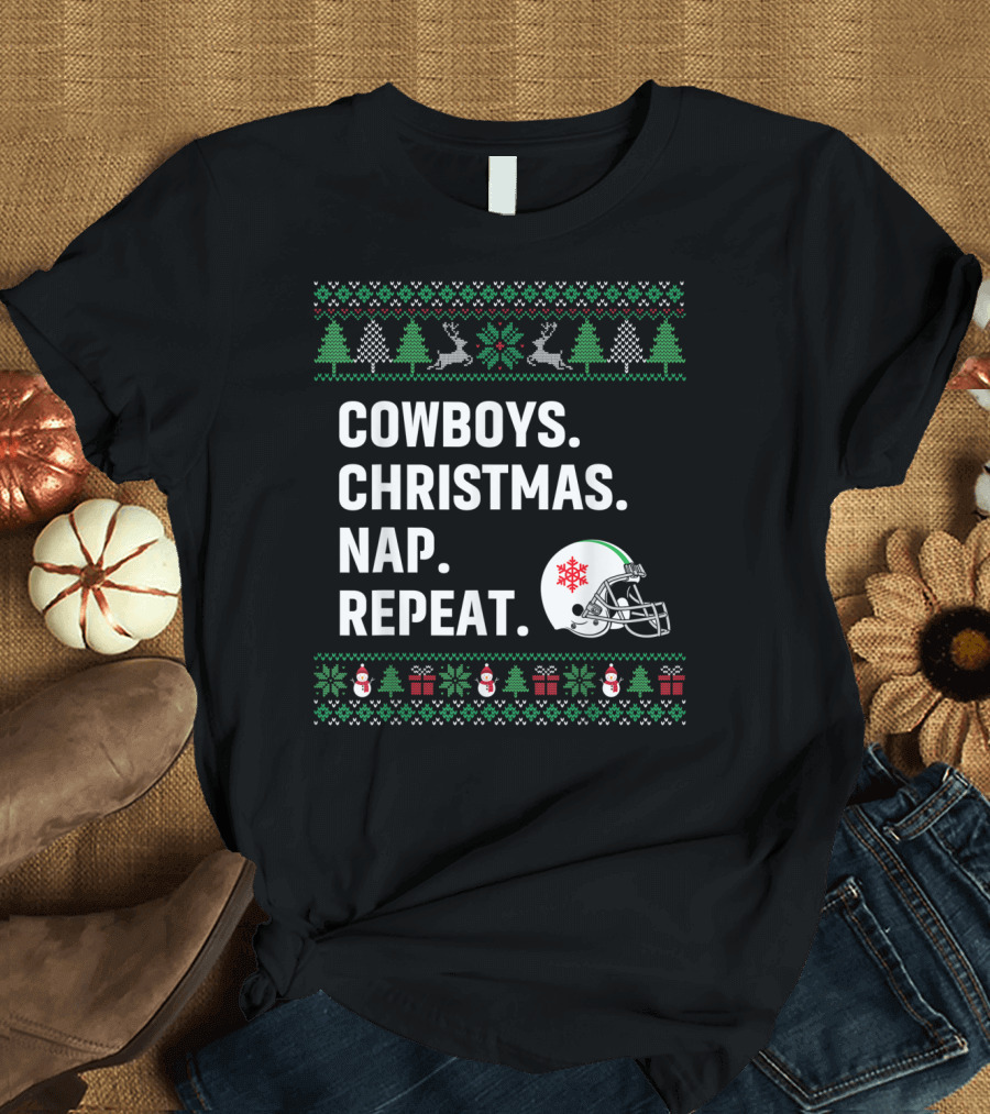 Cowboys Christmas Nap Repeat Ugly Sweaters Football Helmet Trees Snowflakes Reindeer Snowmen Gifts T-Shirt