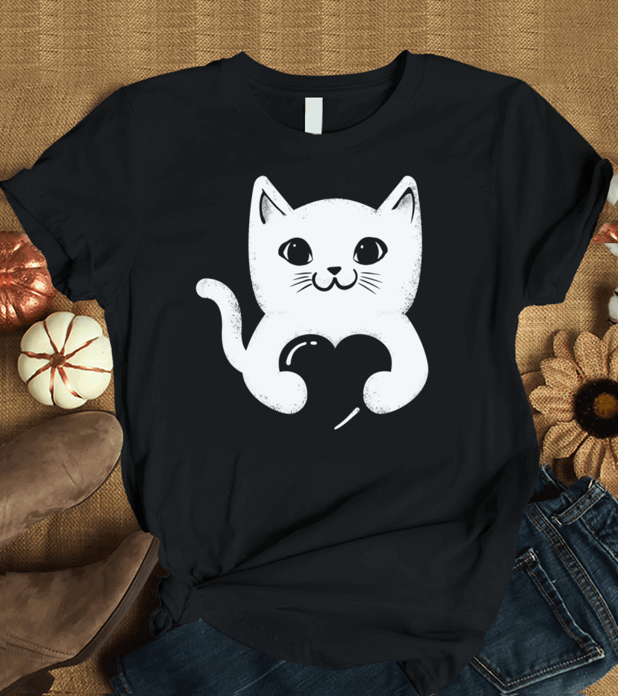 Cute Kitty Cat Holding Heart in Paws T-Shirt