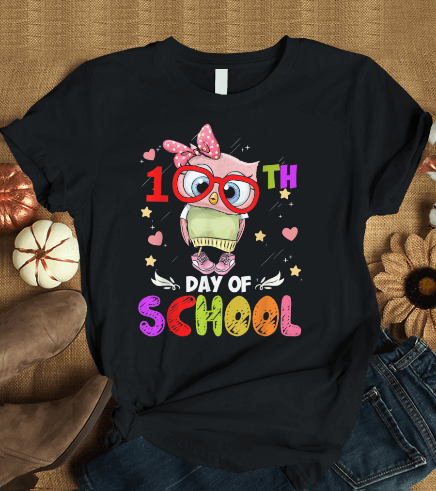 Cute Owl 100Th Day of School with Hearts and Stars T-Shirt