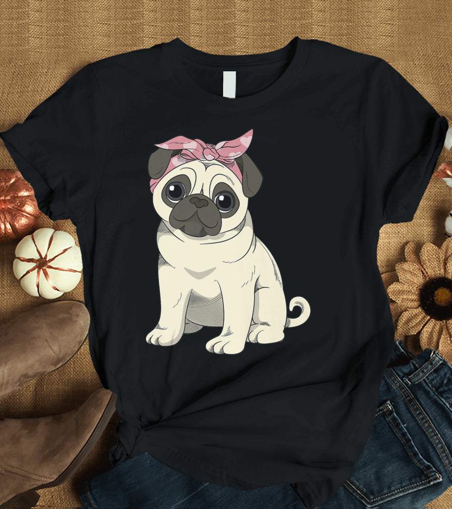 Cute Pug Girl with Heart Patterned Pink Bandana T-Shirt
