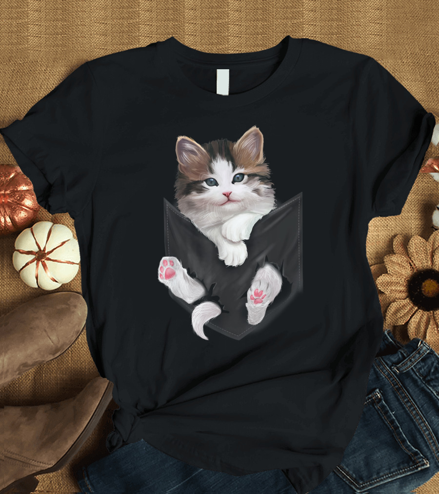 Cute Furry White Kitty in Pocket with Pink Paws Cats T-Shirt