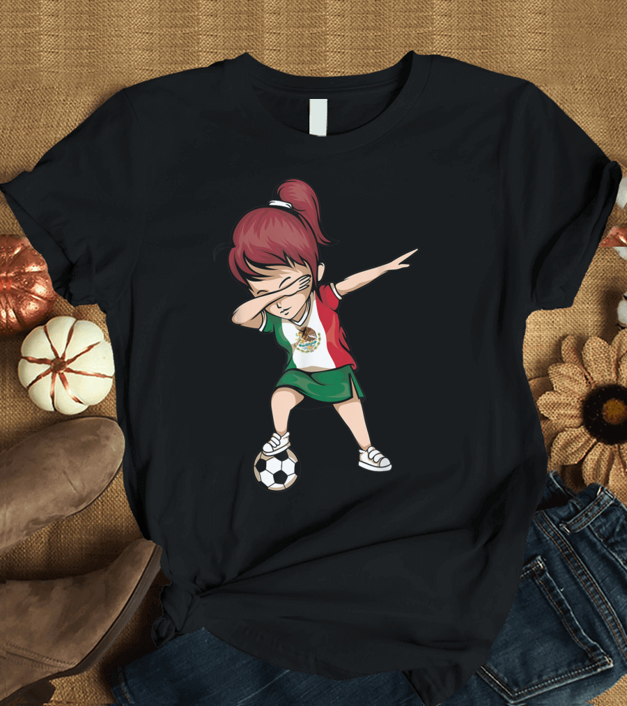 Dabbing Soccer Girl in Mexican Jersey with Mexico Flag T-Shirt