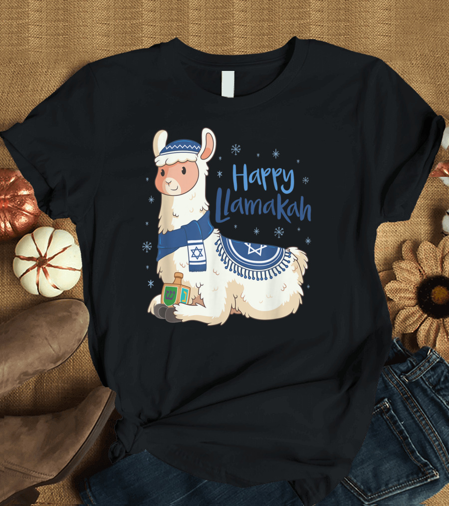 Happy Llamakah Funny Hanukkah Llama Pun with Dreidel and Star of David T-Shirt
