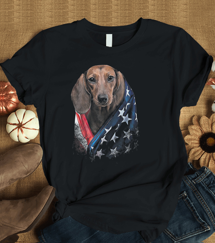 Funny Dachshund Wrapped in American Flag for 4th of July Merica T-Shirt