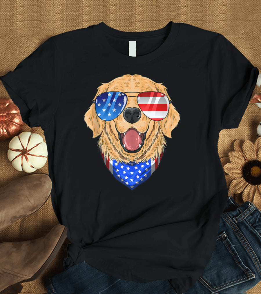 Golden Retriever Merica 4th of July Americ Patriotic Sunglasses Bandana T-Shirt