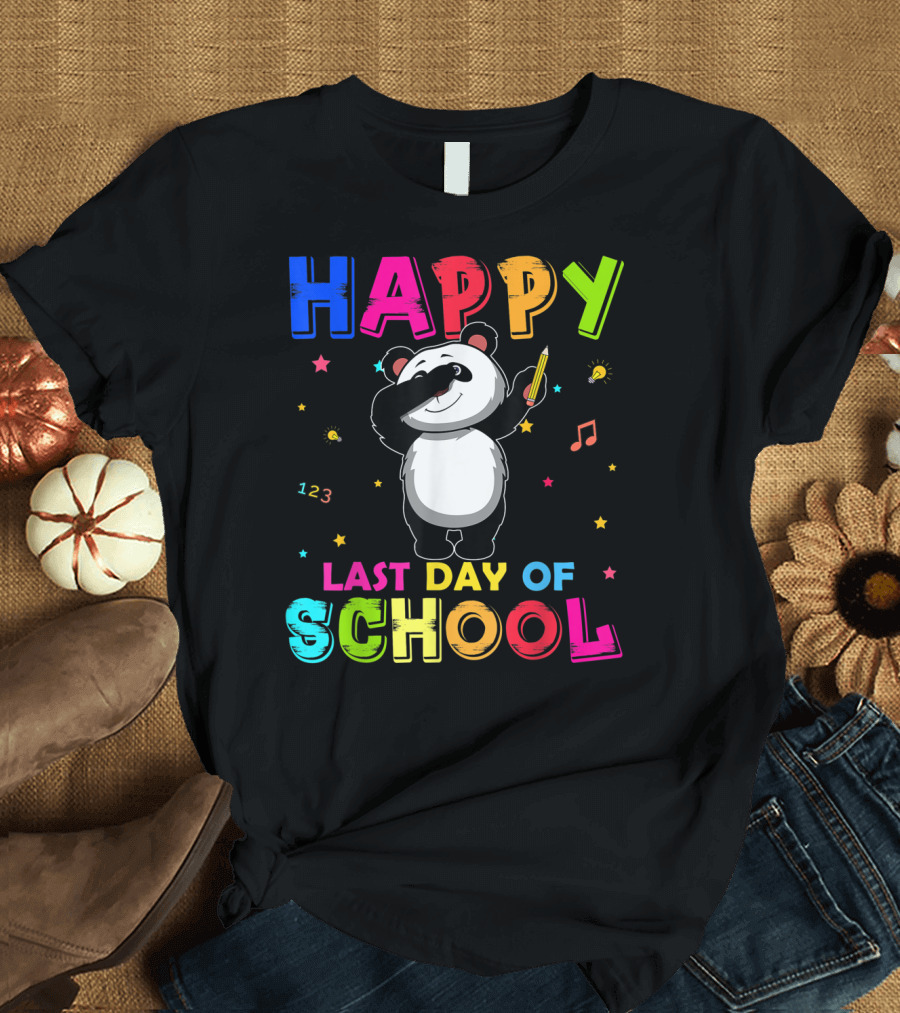 Happy Last Day Of School Dabbing Panda with Colorful Stars and Music Notes T-Shirt