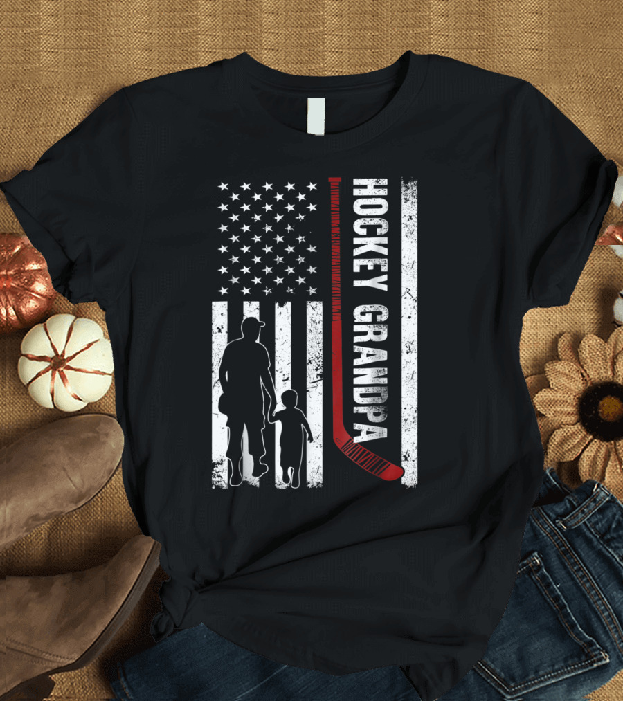 Hockey Grandpa American Flag Silhouette with Hockey Stick and Stars T-Shirt