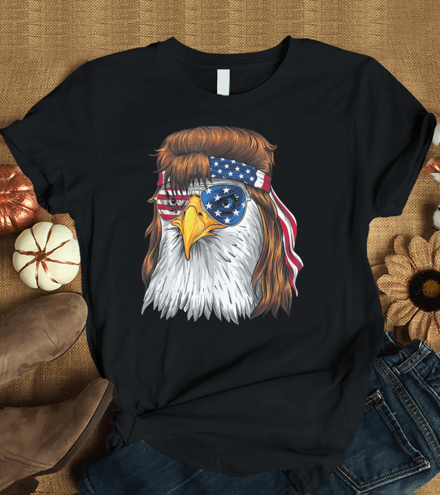 4th of July Funny Bald Eagle Mullet American Flag Bandana Patriotic Sunglasses T-Shirt