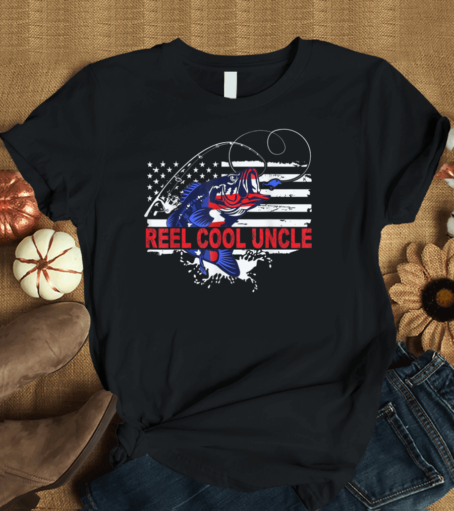 Reel Cool Uncle Fishing American Flag Bass T-Shirt
