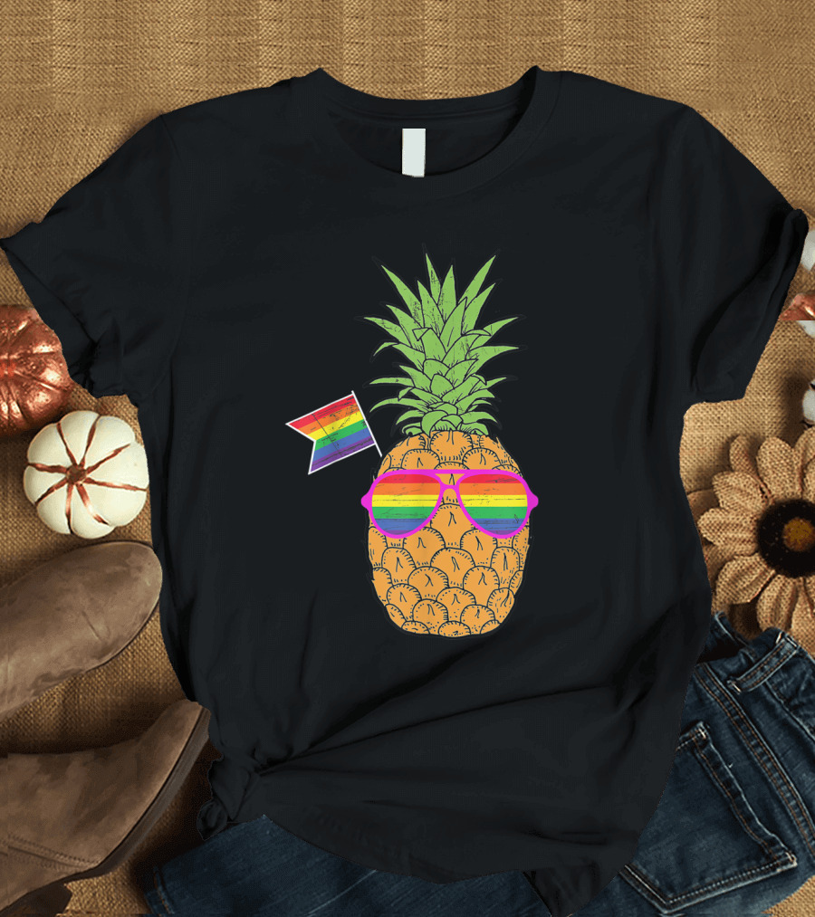 Pineapple Wearing Rainbow Sunglasses with Pride Flag Hawaiian Gay Pride LGBT T-Shirt