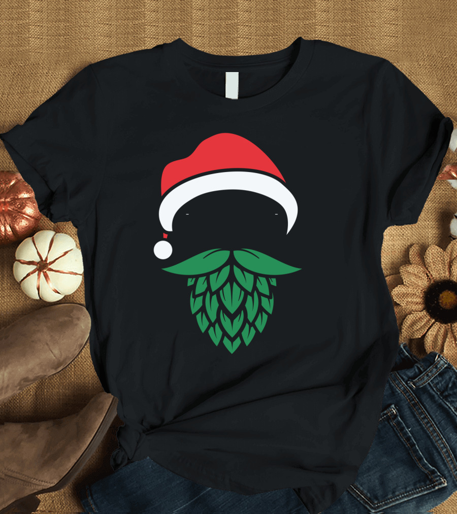 Santa Hat Glasses Green Hops Beard Christmas Beer Lover T-Shirt