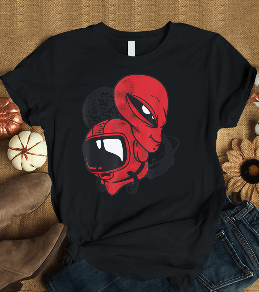 Astronaut and Alien with Planets Retro Style Red T-Shirt