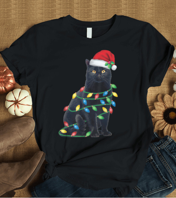 T-Shirt: Black Cat Wrapped in Christmas Lights Wearing Santa Hat Christmas Humor for Cat Lover T-Shirt Black Cat Wrapped in Christmas Lights Wearing Santa Hat Christmas Humor for Cat Lover T-Shirt