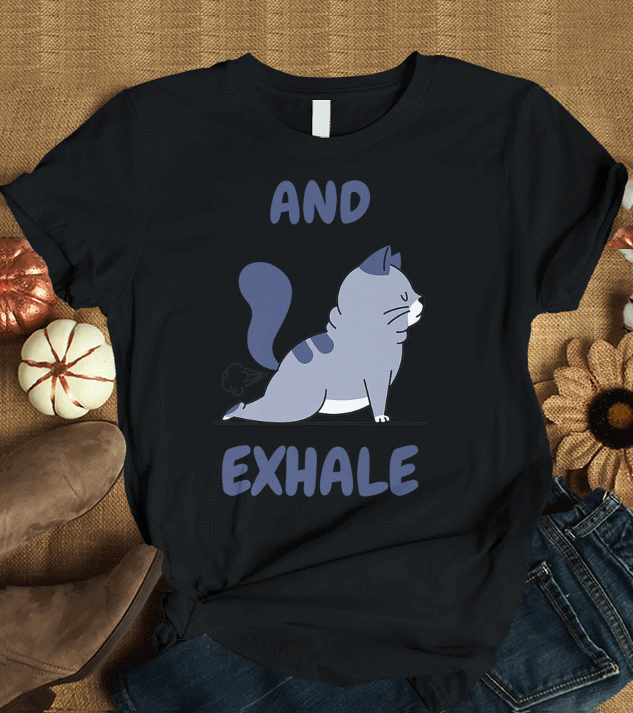 Cartoon Cat in Yoga Pose with Funny Exhale Expression T-Shirt