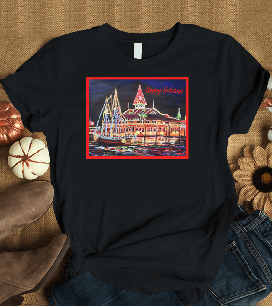 Happy Holidays Newport Beach Festive Waterfront Scene T-Shirt