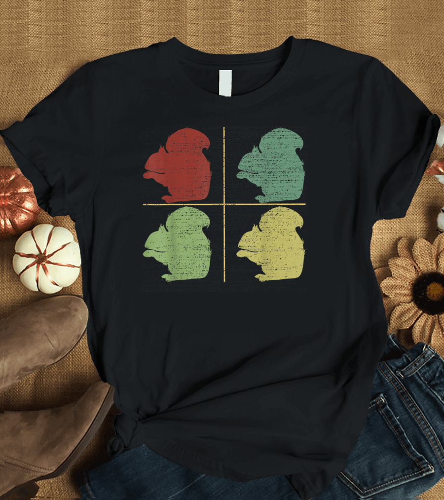 Retro Four-Color Squirrel Silhouette Grid T-Shirt
