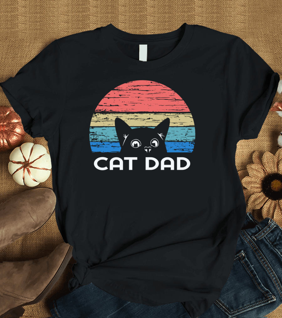 Retro Vintage Cat Dad For Cat Lovers Striped Sunset T-Shirt