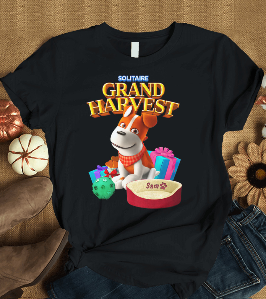 Solitaire Grand Harvest Sam the Dog with Gifts and Bed T-Shirt