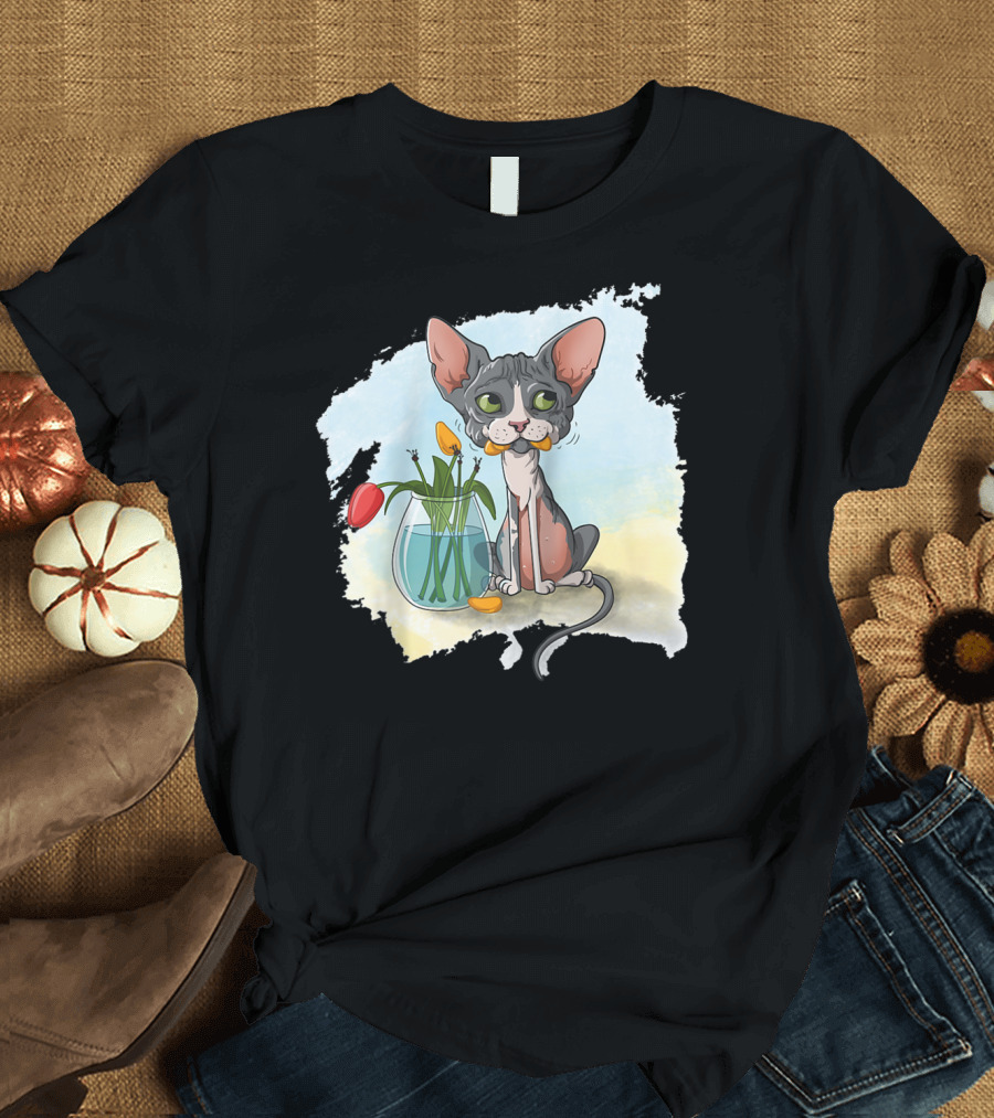 Sphynx Cat Sphinx Cat Cute Cartoon with Flowers in Vase T-Shirt