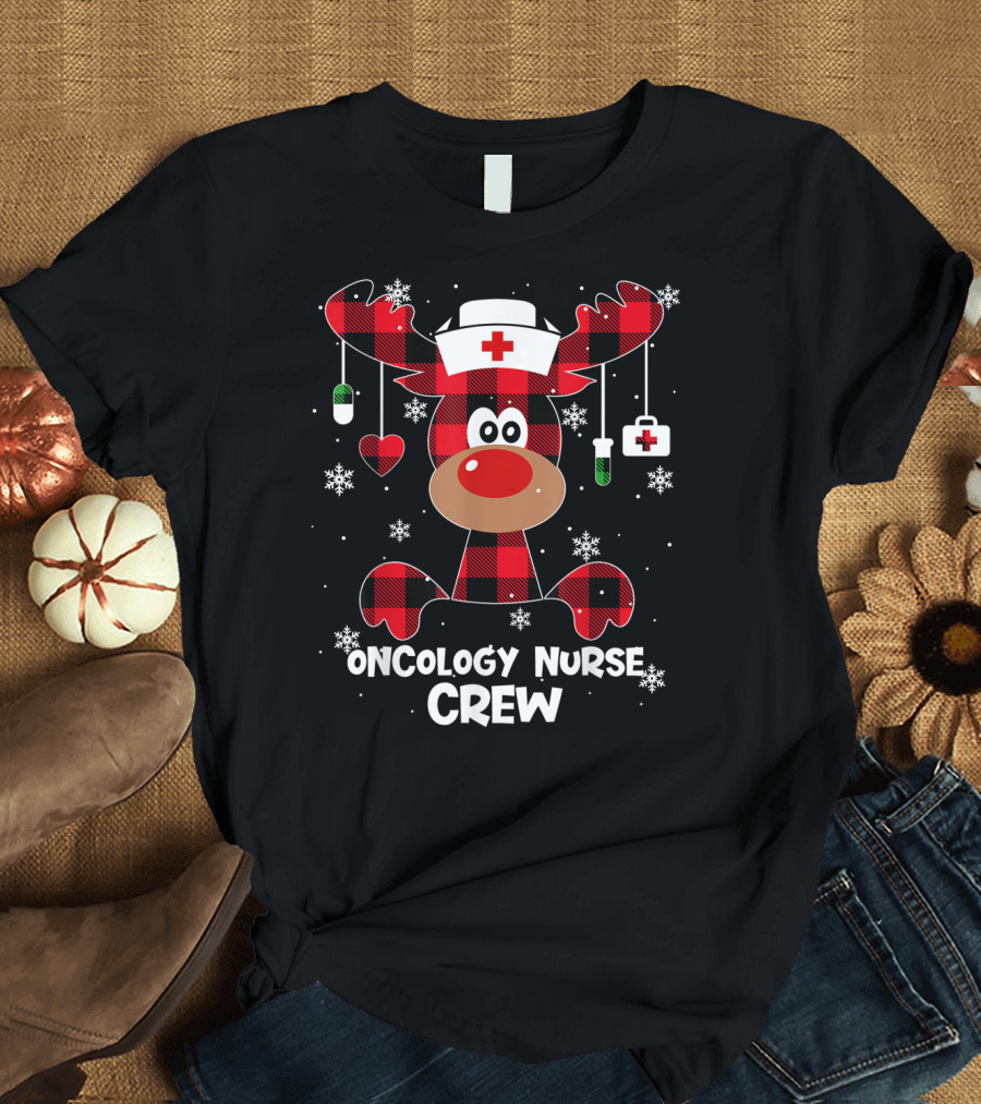 Buffalo Plaid Reindeer Oncology Nurse Crew Christmas Snowflake T-Shirt