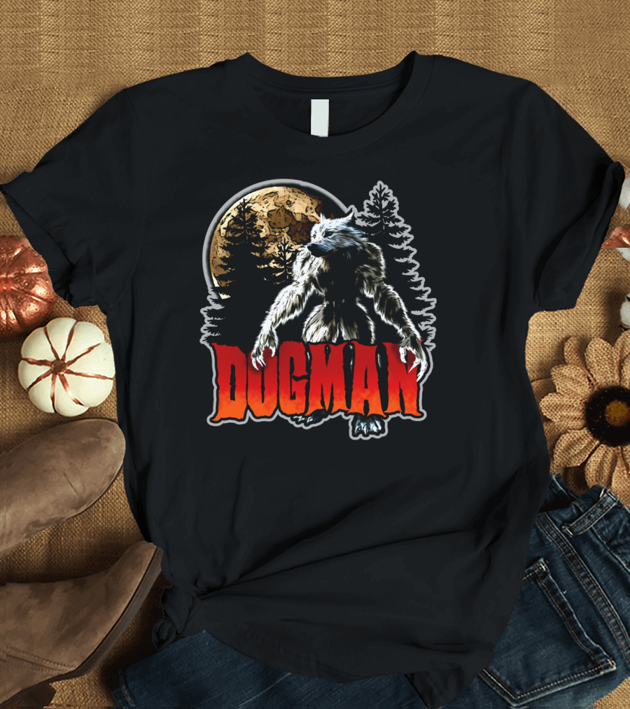 Dogman; The Bipedal Canine Wolf Monster Under Full Moon with Forest T-Shirt