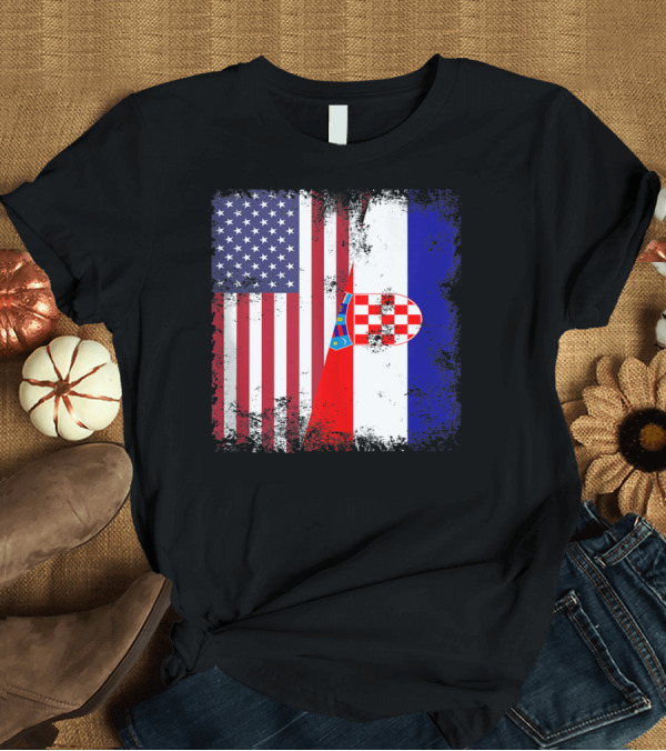 T-Shirt: Half Croatian Flag Vintage Croatiausa American Croatian Flag T-Shirt Half Croatian Flag Vintage Croatiausa American Croatian Flag T-Shirt