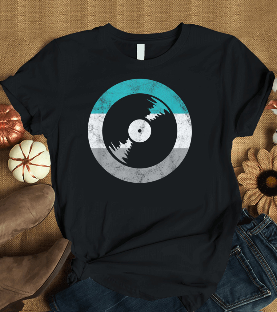 Vinyl Record Soundwave Symbol with Teal Gray White Stripes T-Shirt